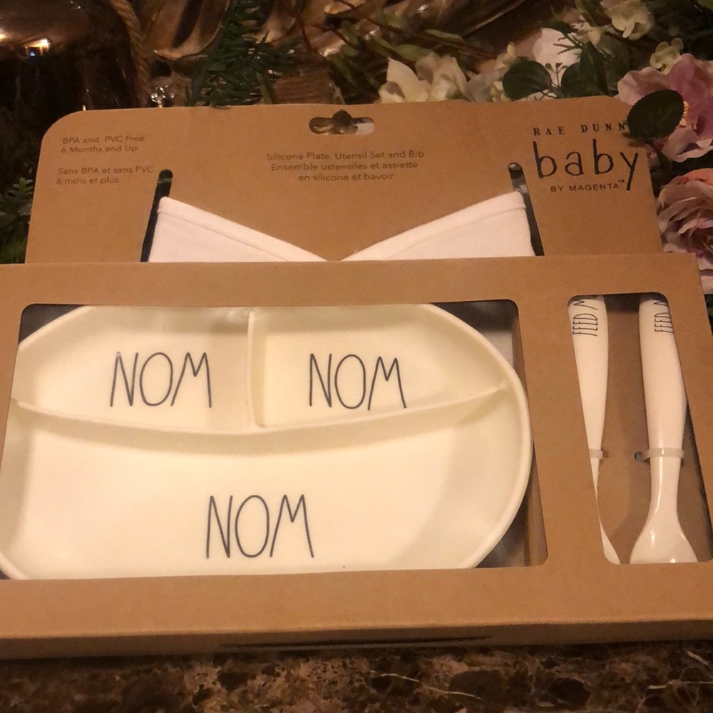 RAE DUNN BABY SET by MAGENTA; Silicon Plate, Utensil Set and Bib